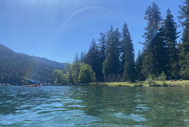 Calm lake surrounded by large green trees and hills covered with trees