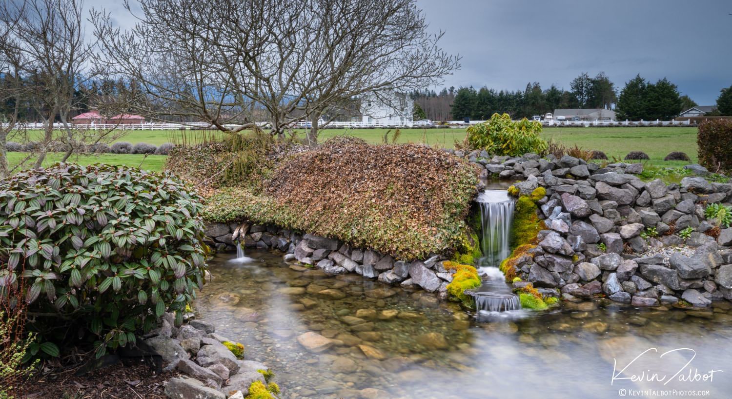 Garden pond with waterfall surrounded by gray stones and bushes