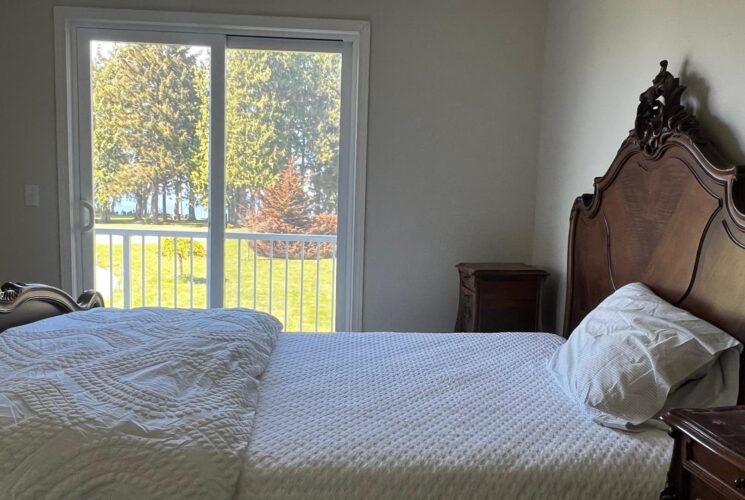 Bedroom with white walls, antique dark wooden headboard, white bedding, and sliding door to backyard