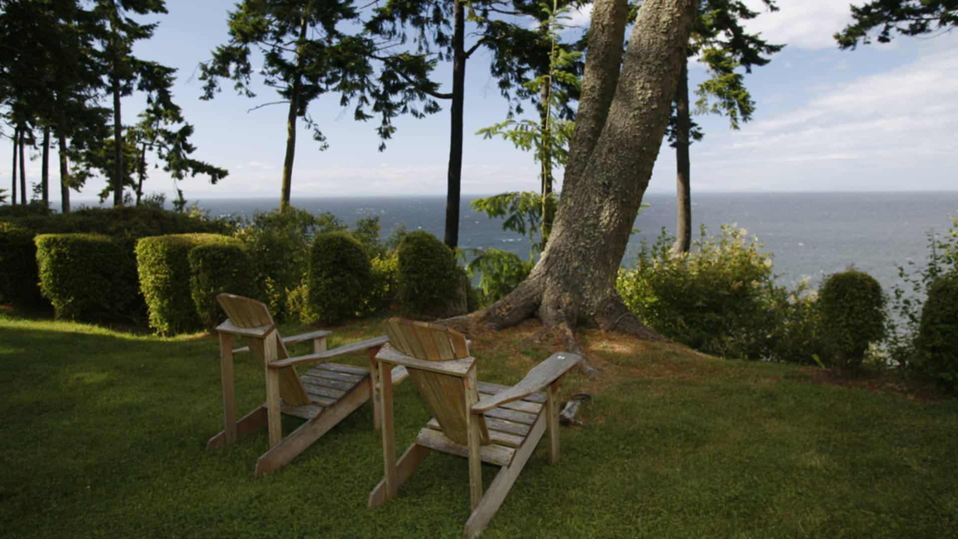 Two Adirondack chairs on green grass next to green bushes and trees looking out over the water